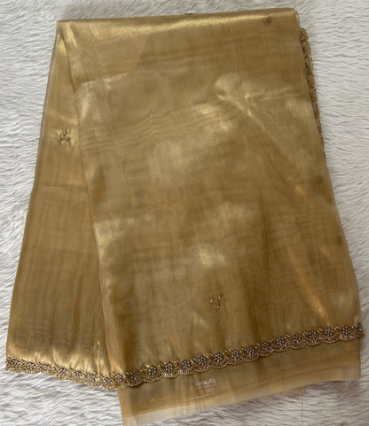 Tissue Organza Designer Saree Gold colored Saree complemented with a Handcrafted border. - Sampradaya Designer Studio