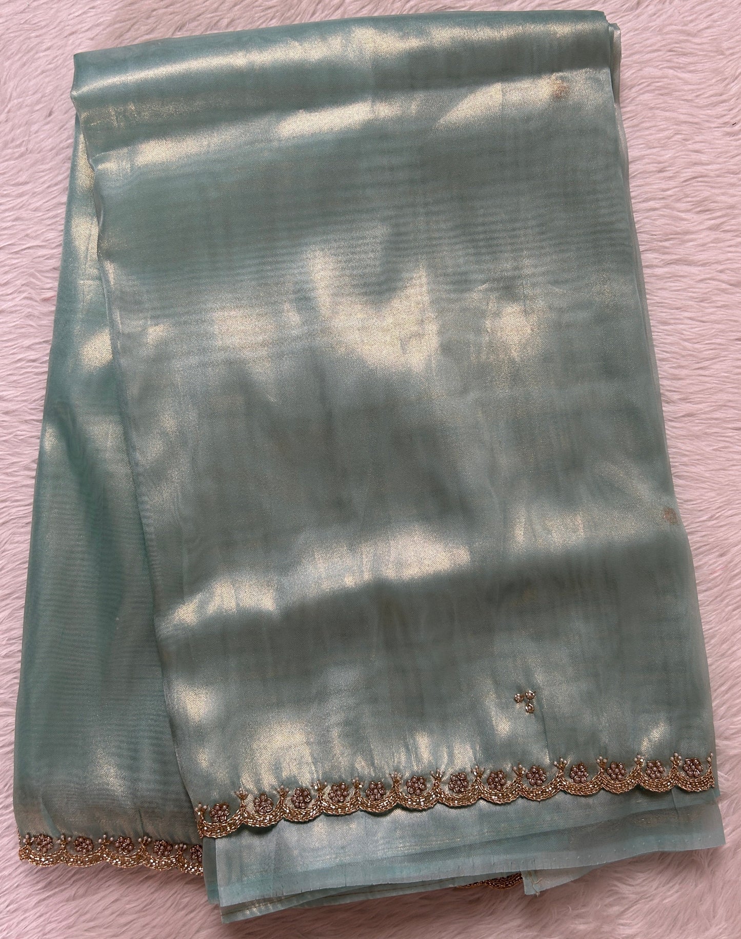 Tissue Organza Designer Saree Sea Blue colored Saree complemented with a Handcrafted border. - Sampradaya Designer Studio