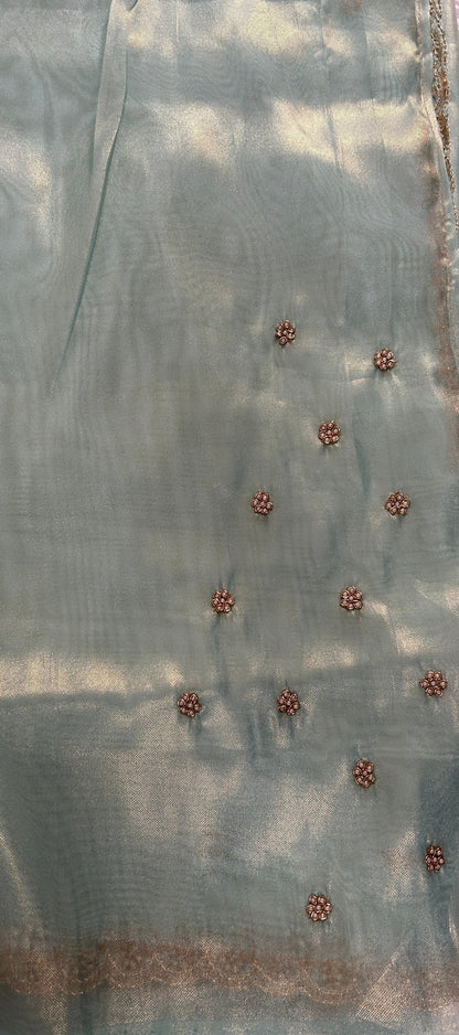 Tissue Organza Designer Saree Sea Blue colored Saree complemented with a Handcrafted border. - Sampradaya Designer Studio