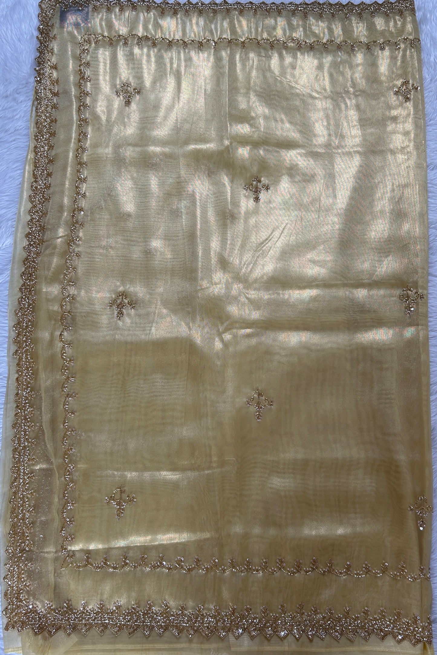 Tissue Organza Designer Saree Yellow colored Saree complemented with a Handcrafted border. - Sampradaya Designer Studio