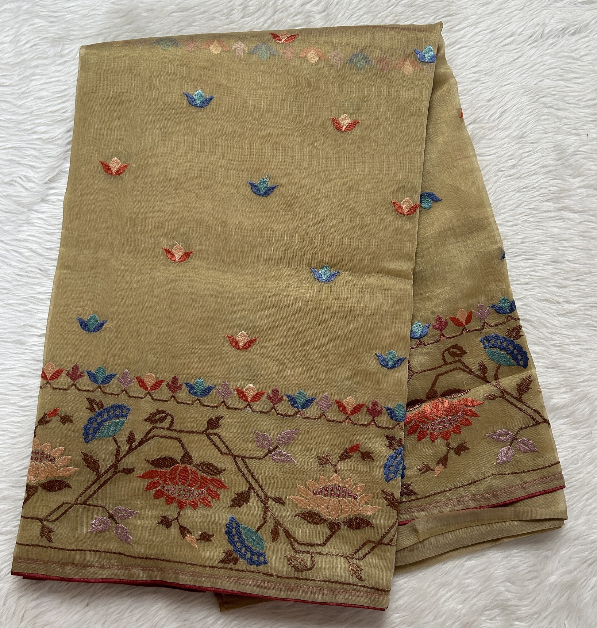 Semi Tussar Designer Saree Beige colored Saree complemented with a Machine Embroidery border. - Sampradaya Designer Studio