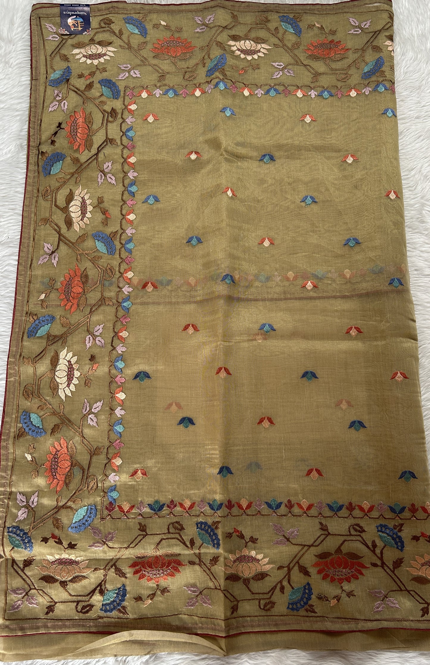 Semi Tussar Designer Saree Beige colored Saree complemented with a Machine Embroidery border. - Sampradaya Designer Studio