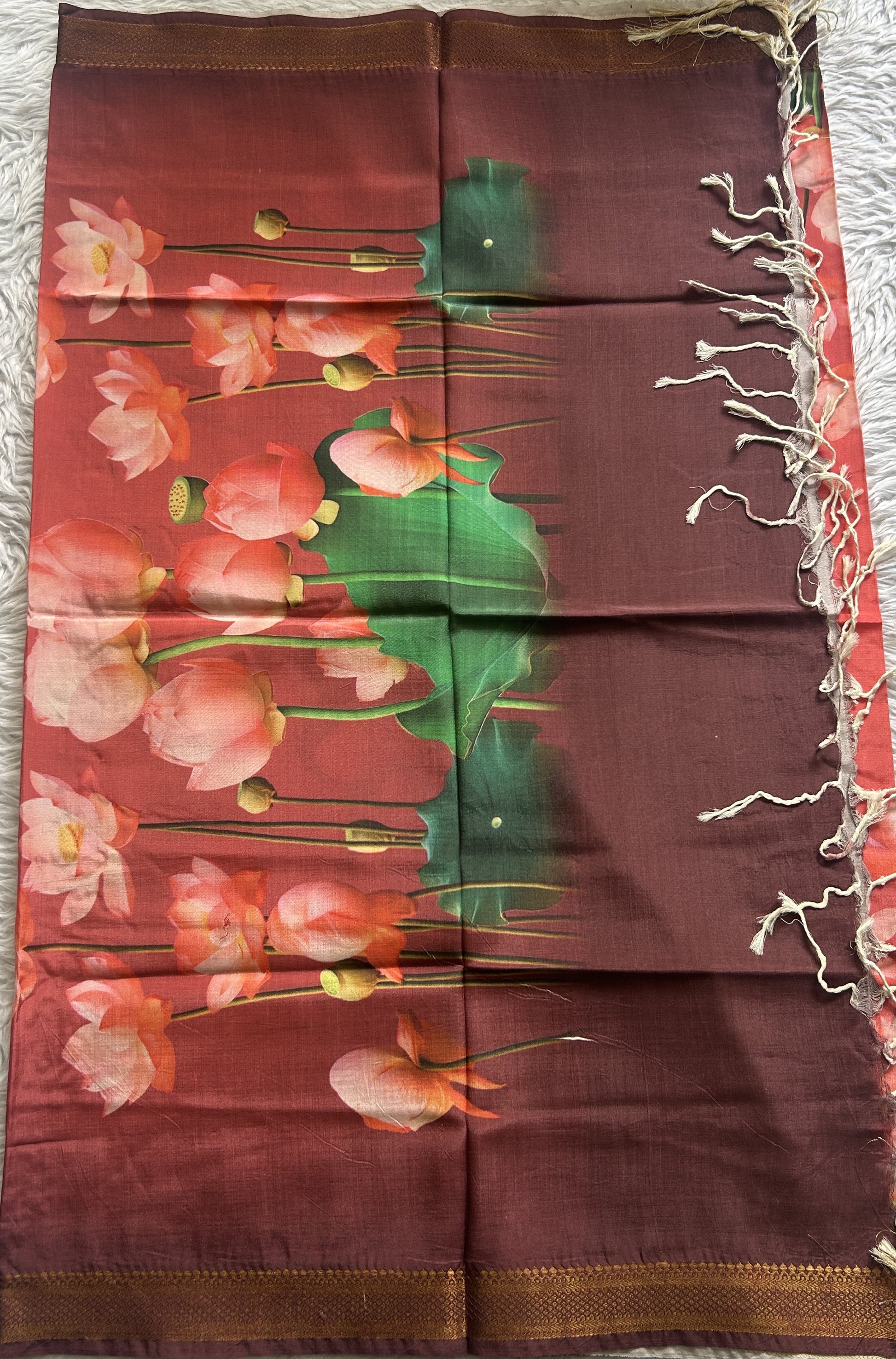 Pure Mangalagiri Dark Peach Colored Dupatta with a Zari Border. - Sampradaya Designer Studio