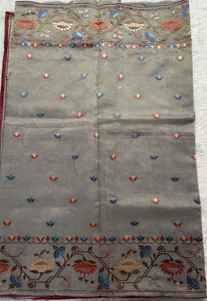 Semi Tussar Designer Saree Gray colored Saree complemented with a Machine Embroidery border. - Sampradaya Designer Studio