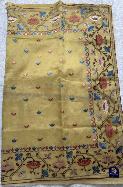 Semi Tussar Designer Saree Mustard Yellow colored Saree complemented with a Machine Embroidery border. - Sampradaya Designer Studio