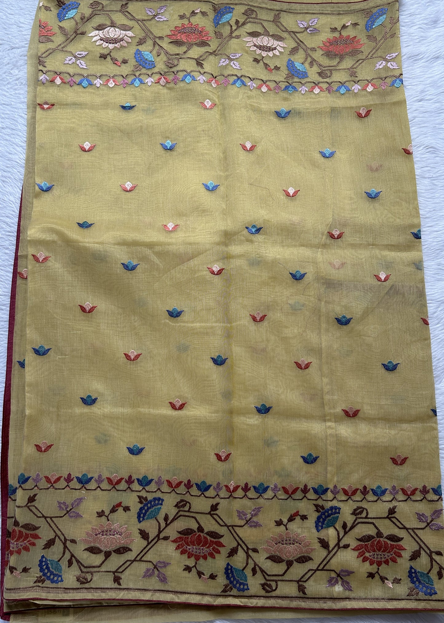 Semi Tussar Designer Saree Mustard Yellow colored Saree complemented with a Machine Embroidery border. - Sampradaya Designer Studio