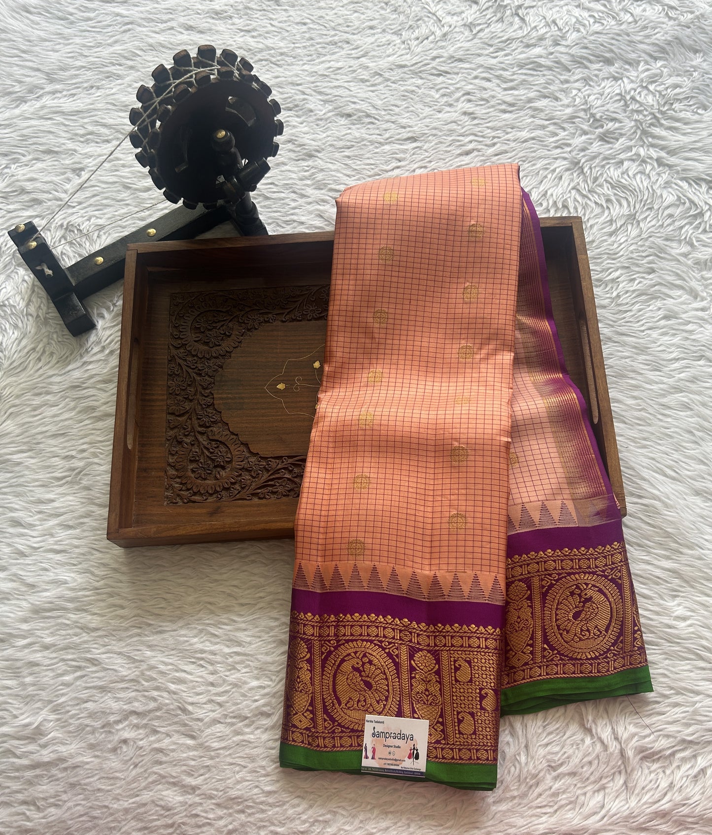 Gadwal Pattu Saree Peach colored saree complemented with a Zari border - Sampradaya Designer Studio