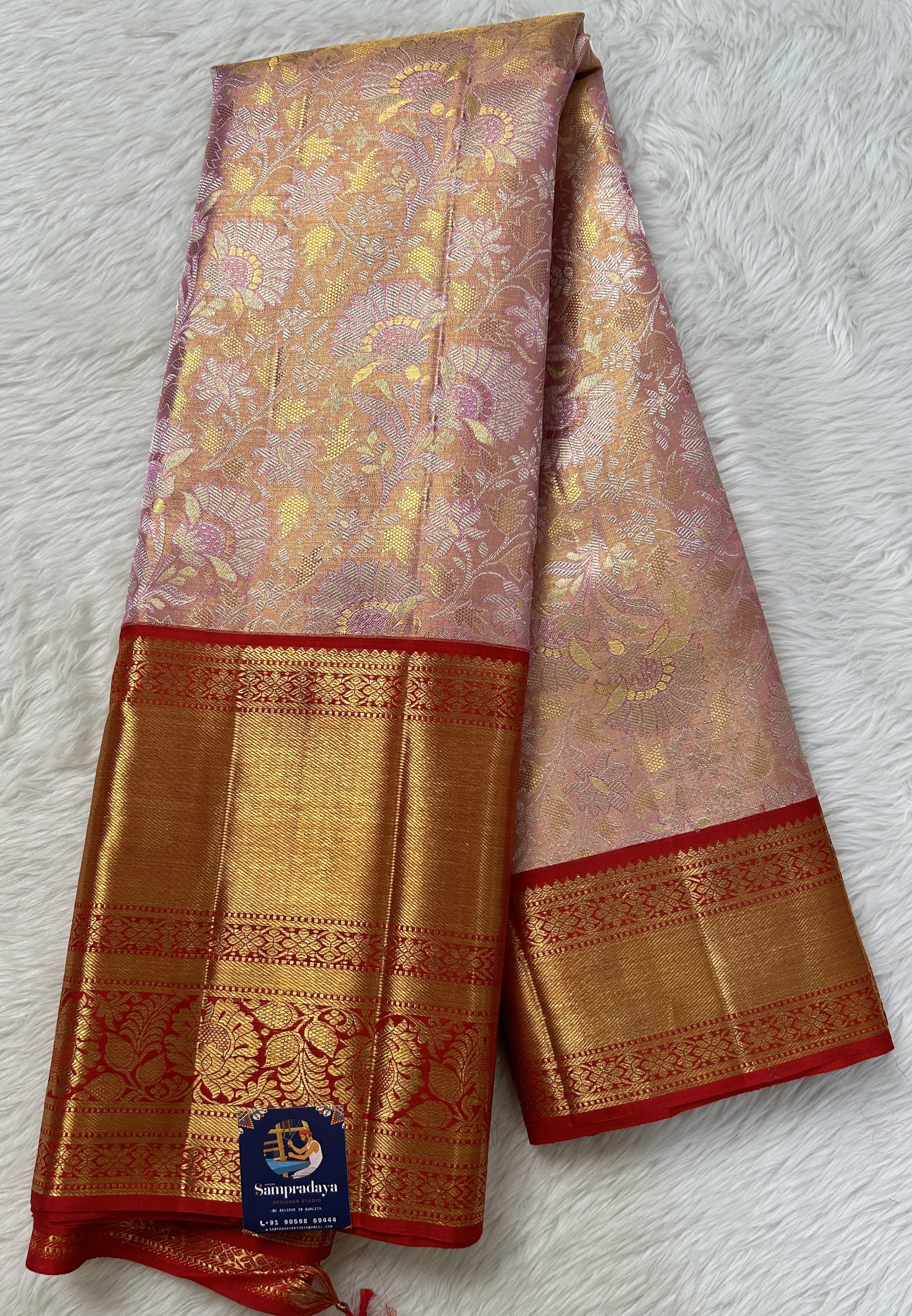 Kanjivaram Bridal Silk Saree Pink colored Saree complemented with a Red Colored Gold Kanchi border. - Sampradaya Designer Studio