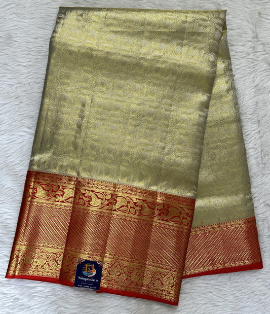 Kanjivaram Bridal Silk Saree Light Green colored Saree complemented with a Red Colored Gold Kanchi border. - Sampradaya Designer Studio