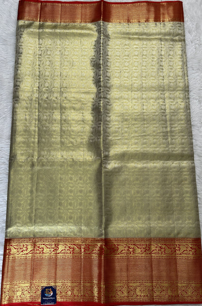 Kanjivaram Bridal Silk Saree Light Green colored Saree complemented with a Red Colored Gold Kanchi border. - Sampradaya Designer Studio