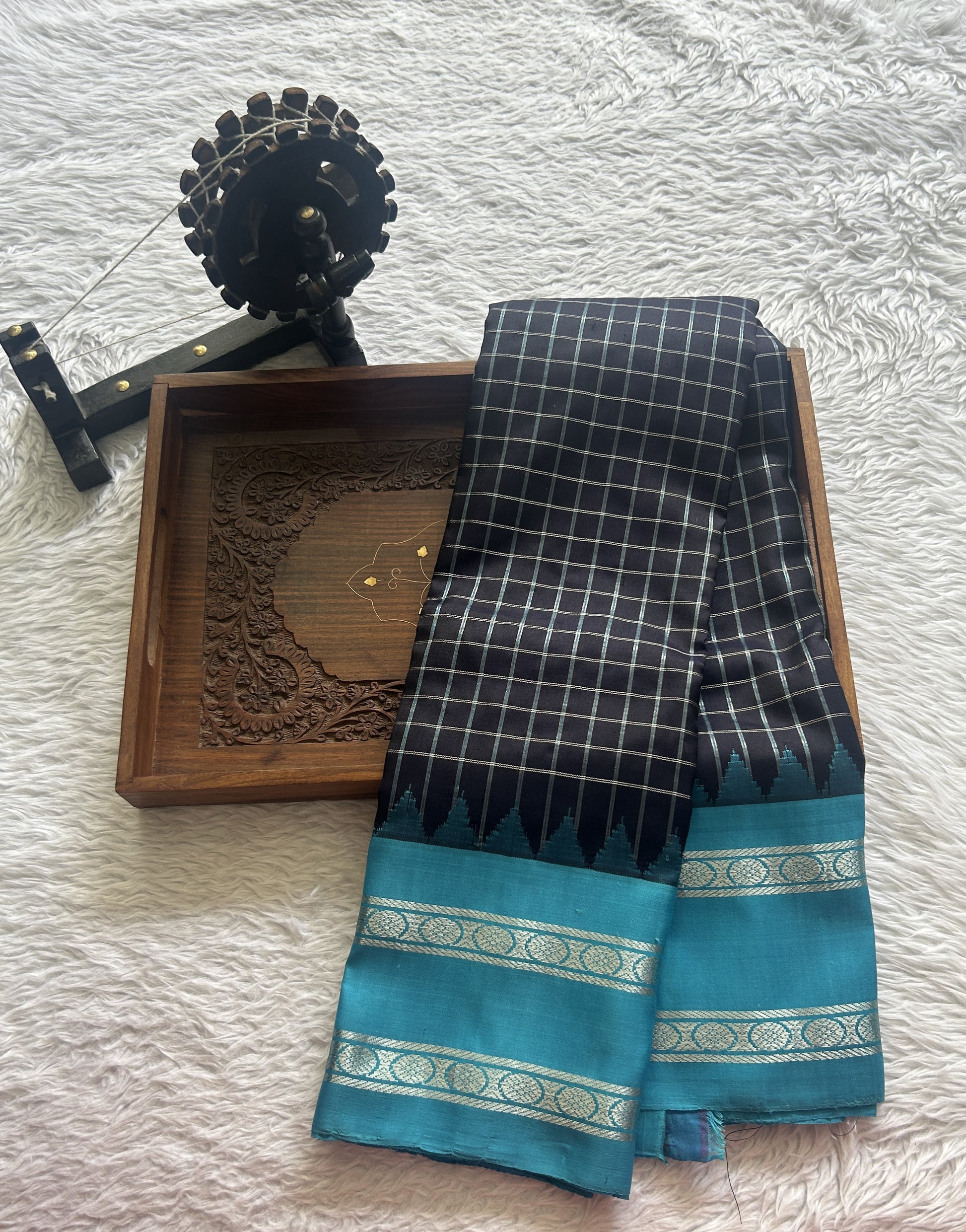 Gadwal Pattu Saree Black Colored Complemented With a Blue Zari Border - Sampradaya Designer Studio