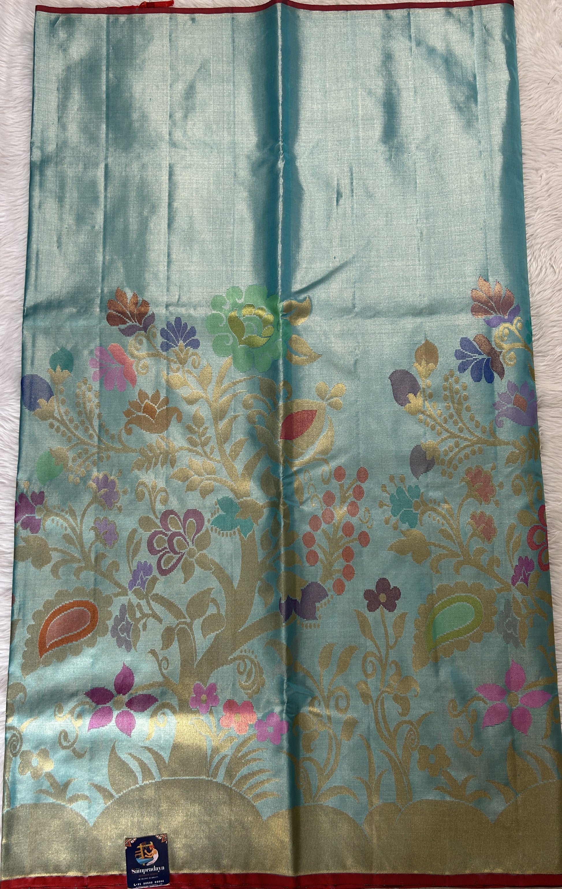 Kanjivaram Bridal Silk Saree Blue colored Saree complemented with a borderless Saree. - Sampradaya Designer Studio