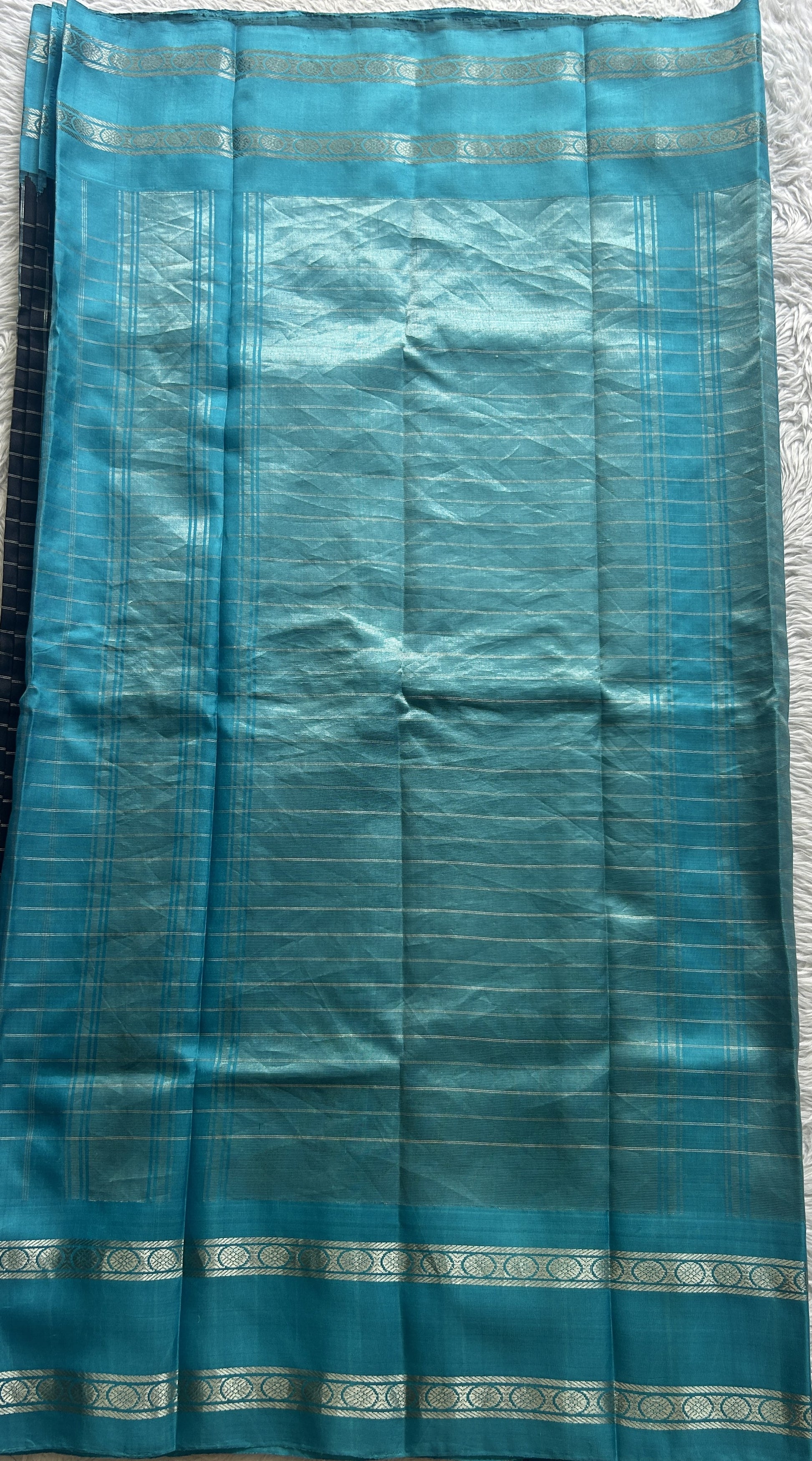 Gadwal Pattu Saree Black Colored Complemented With a Blue Zari Border - Sampradaya Designer Studio