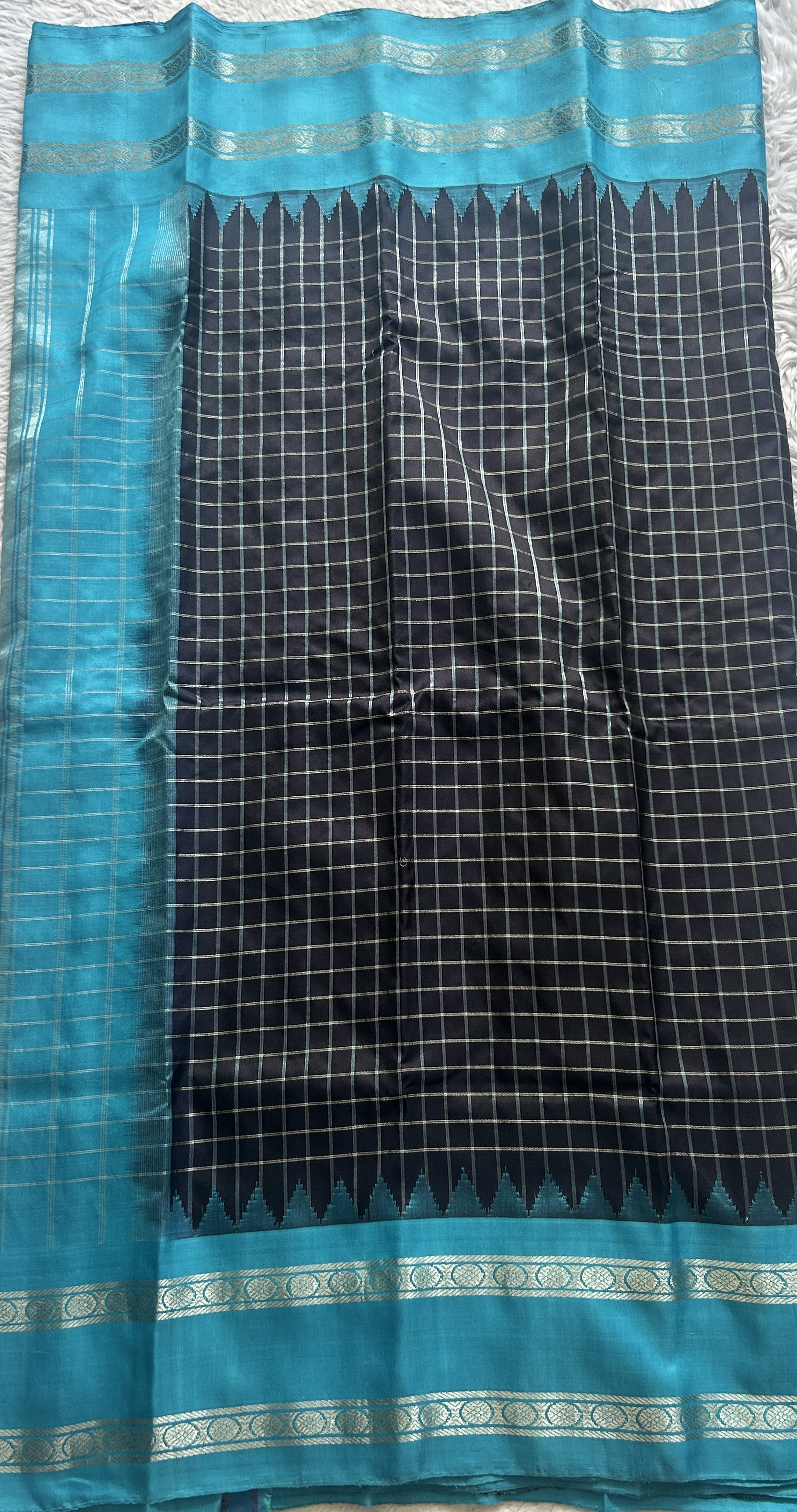 Gadwal Pattu Saree Black Colored Complemented With a Blue Zari Border - Sampradaya Designer Studio