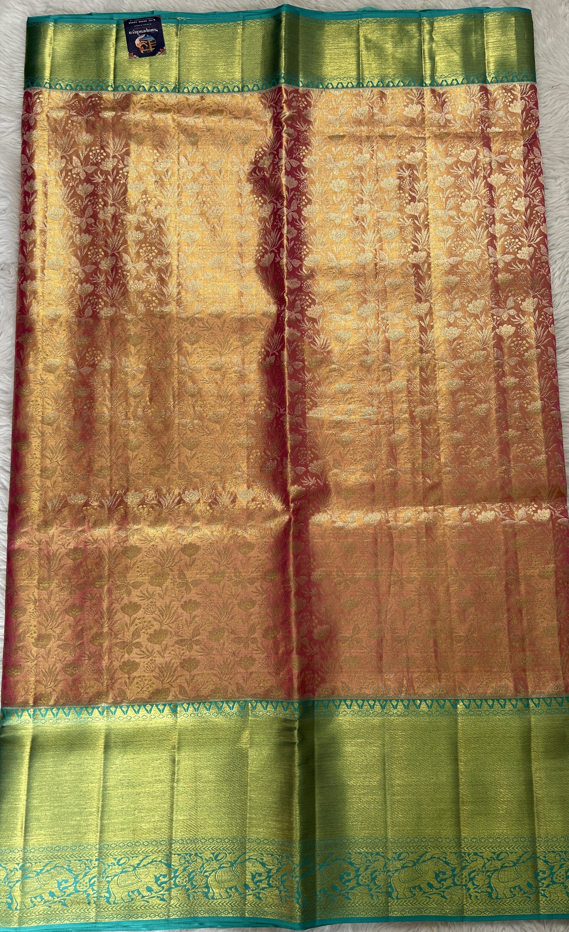 Kanjivaram Bridal Silk Saree Pink colored Saree complemented with a Cyan Color Gold Zari Weaving border. - Sampradaya Designer Studio