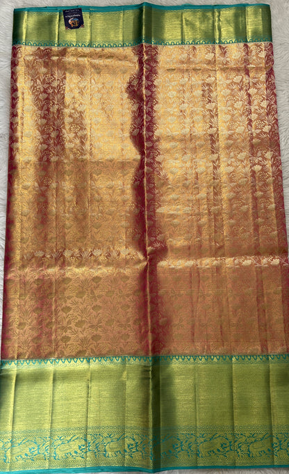 Kanjivaram Bridal Silk Saree Pink colored Saree complemented with a Cyan Color Gold Zari Weaving border. - Sampradaya Designer Studio