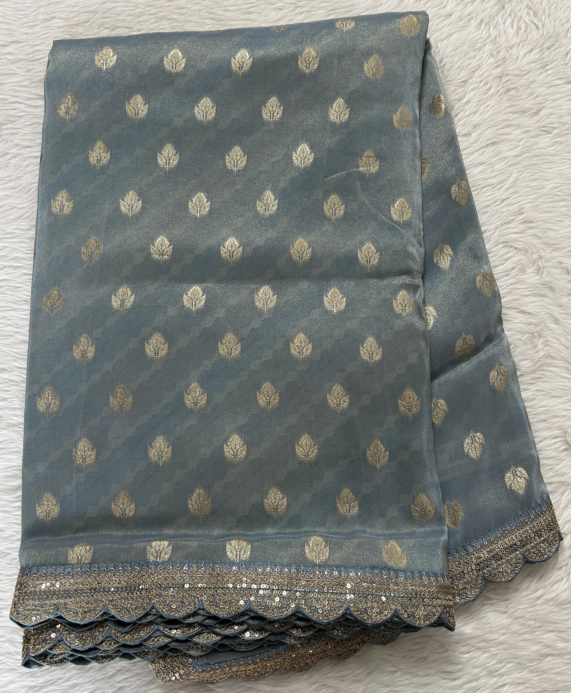 Tissue Georgette Designer Saree Gray colored Saree complemented with a Lace border. - Sampradaya Designer Studio