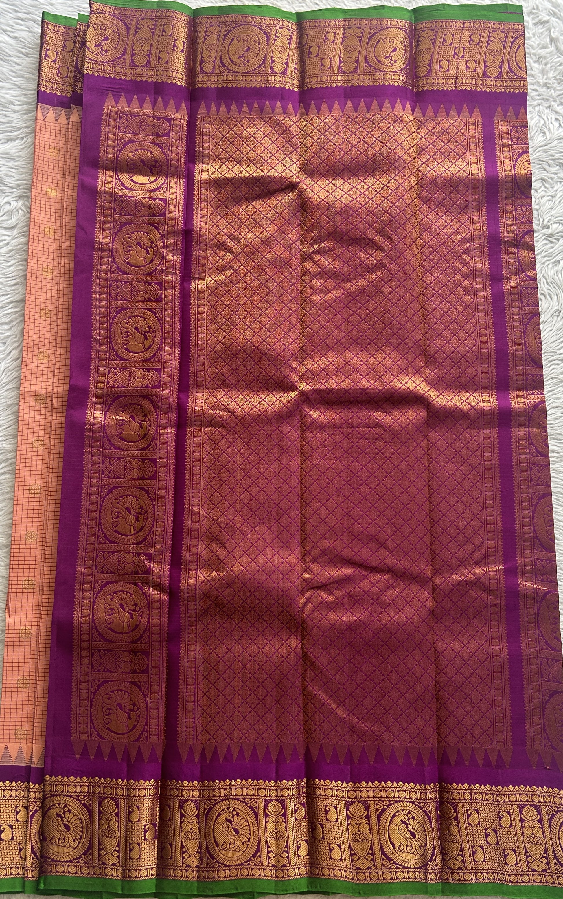 Gadwal Pattu Saree Peach colored saree complemented with a Zari border - Sampradaya Designer Studio