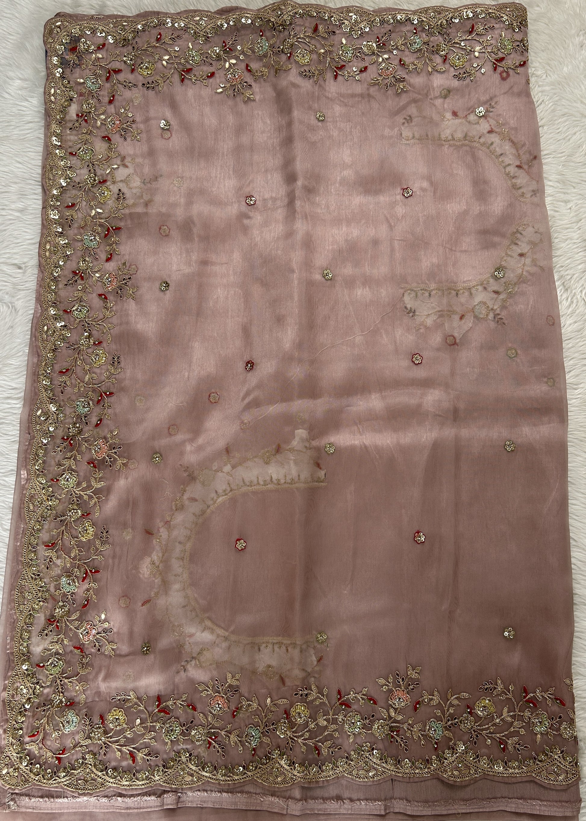 Tissue Organza Designer Saree Onion Pink colored Saree complemented with a Handcrafted border. - Sampradaya Designer Studio