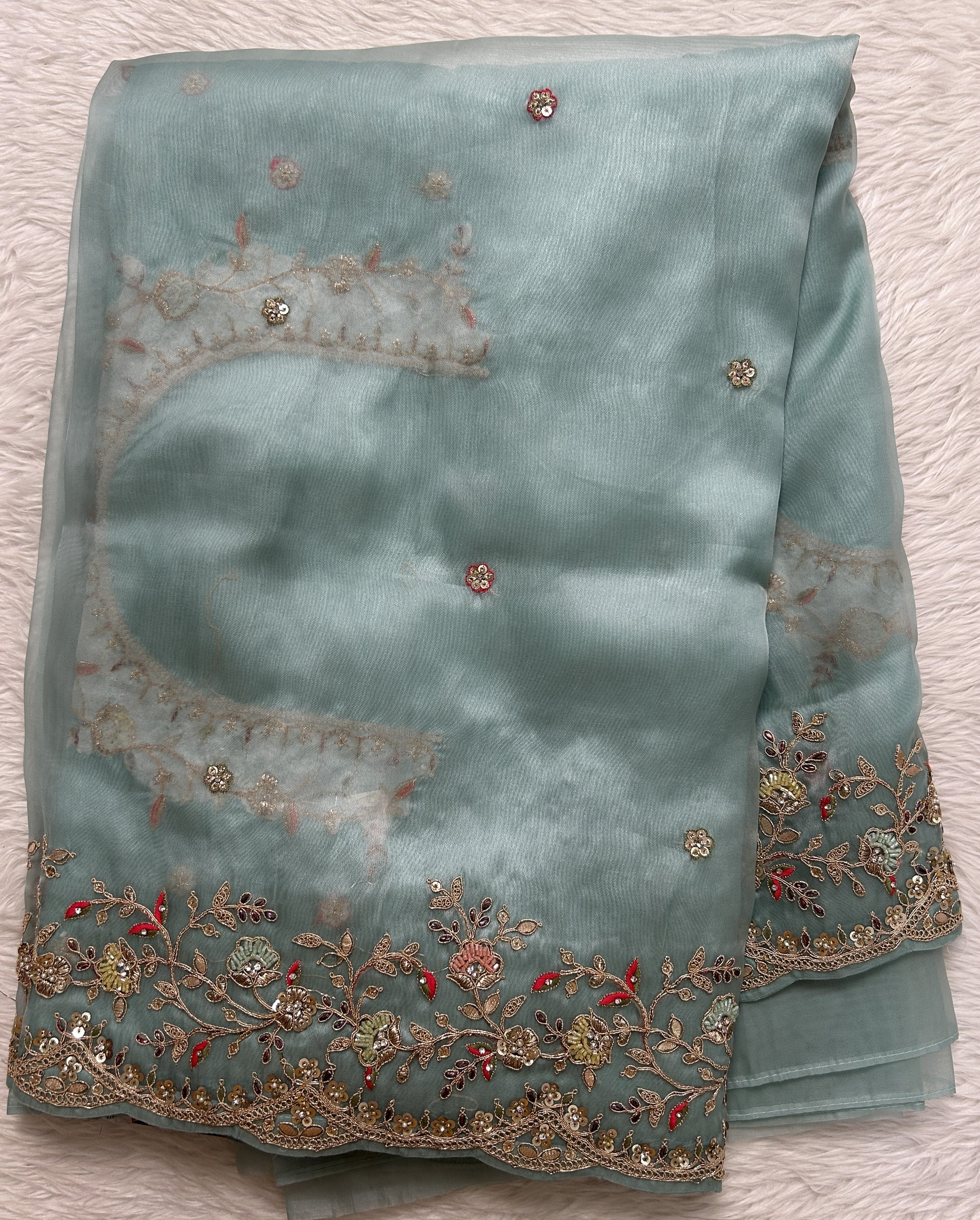 Tissue Organza Designer Saree Sea Blue colored Saree complemented with a Handcrafted border. - Sampradaya Designer Studio