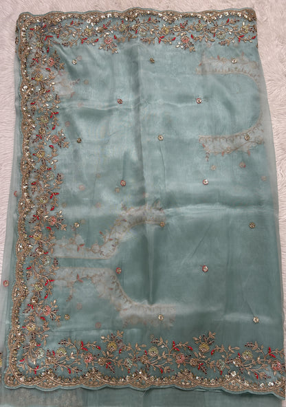 Tissue Organza Designer Saree Sea Blue colored Saree complemented with a Handcrafted border. - Sampradaya Designer Studio