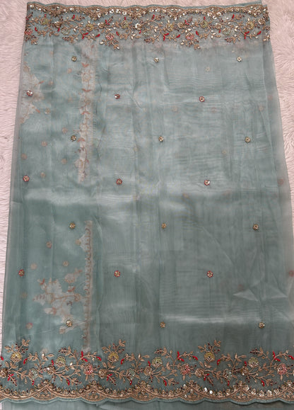 Tissue Organza Designer Saree Sea Blue colored Saree complemented with a Handcrafted border. - Sampradaya Designer Studio