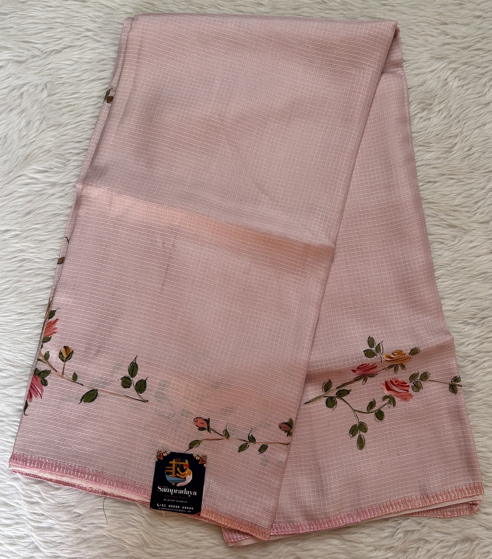 Silk kota Saree Light pink color complemented with a Borderless Saree. - Sampradaya Designer Studio