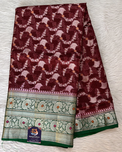 Silk kota Saree Maroon color complemented with a Bottle Green Color Zari Weaving Border. - Sampradaya Designer Studio