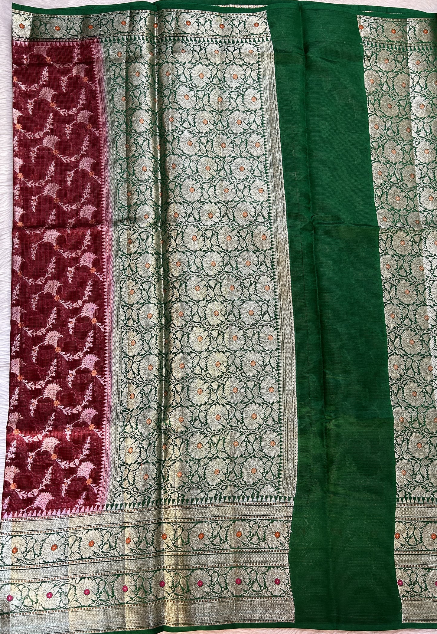 Silk kota Saree Maroon color complemented with a Bottle Green Color Zari Weaving Border. - Sampradaya Designer Studio