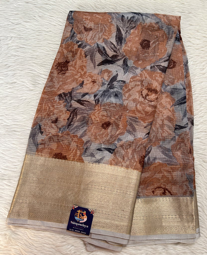 Silk kota Saree Light Brown color complemented with a Light Gray Color Zari Weaving Border. - Sampradaya Designer Studio