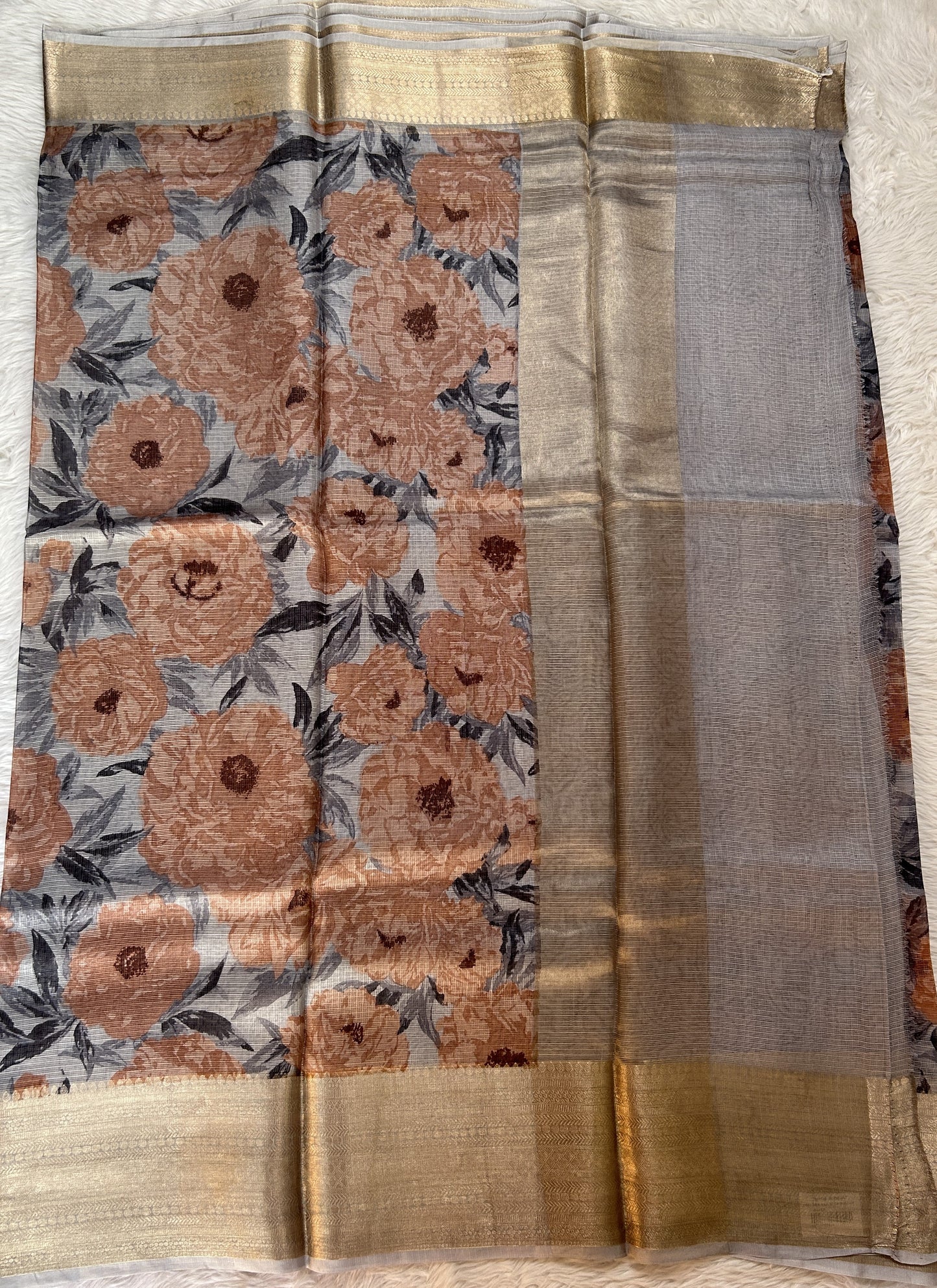 Silk kota Saree Light Brown color complemented with a Light Gray Color Zari Weaving Border. - Sampradaya Designer Studio