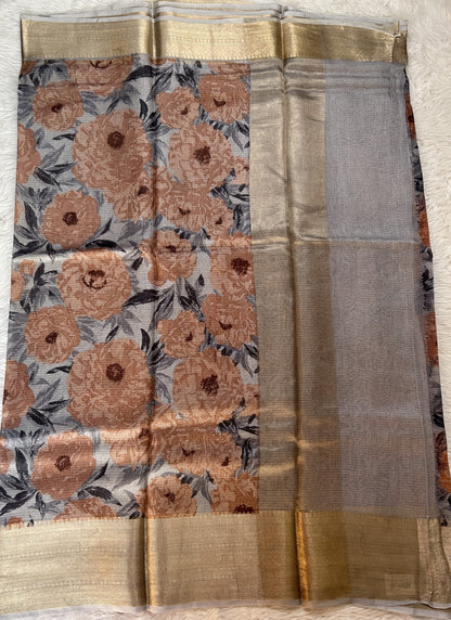 Silk kota Saree Light Brown color complemented with a Light Gray Color Zari Weaving Border. - Sampradaya Designer Studio