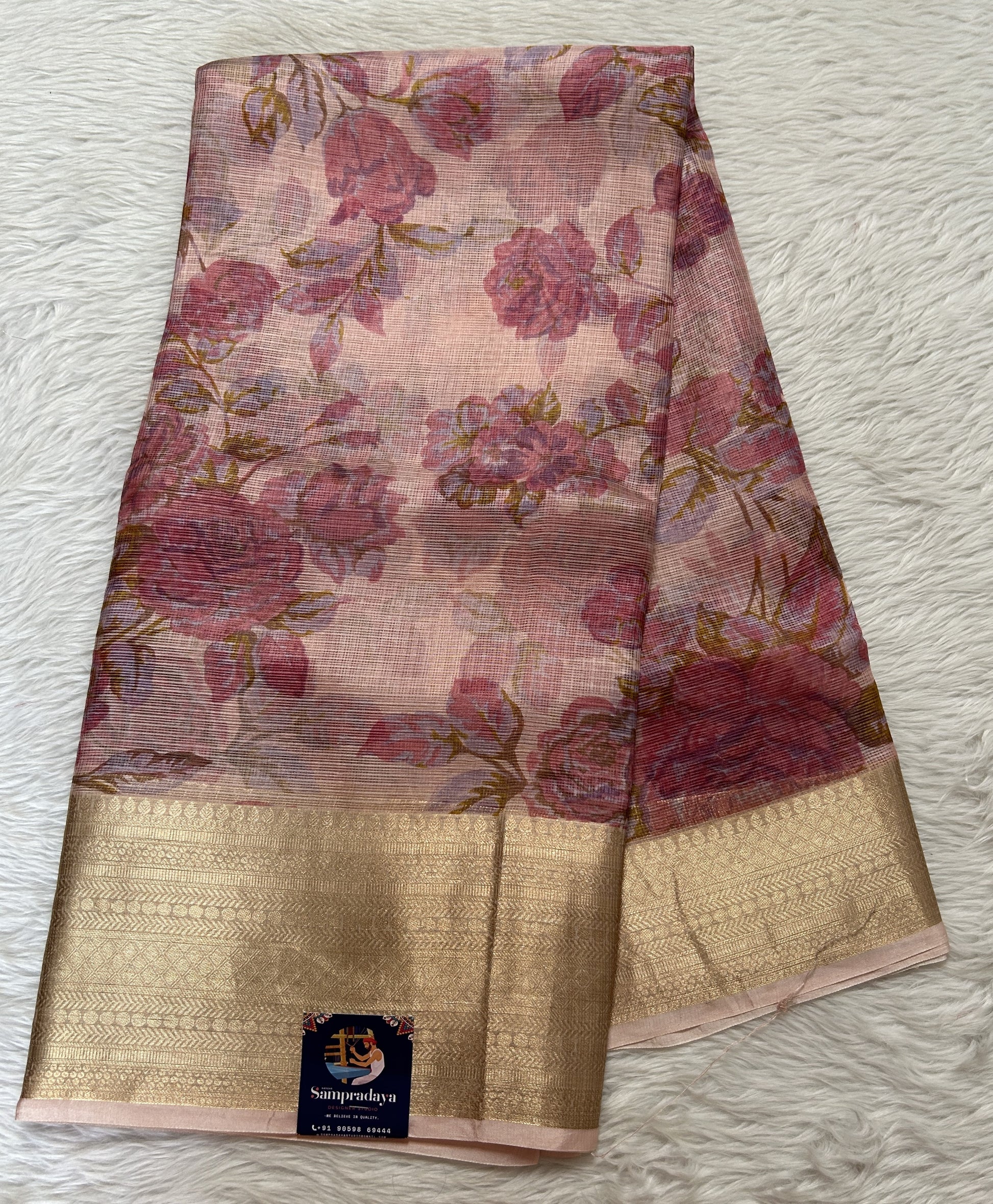 Silk kota Saree Peach color complemented with a Zari Weaving Border. - Sampradaya Designer Studio