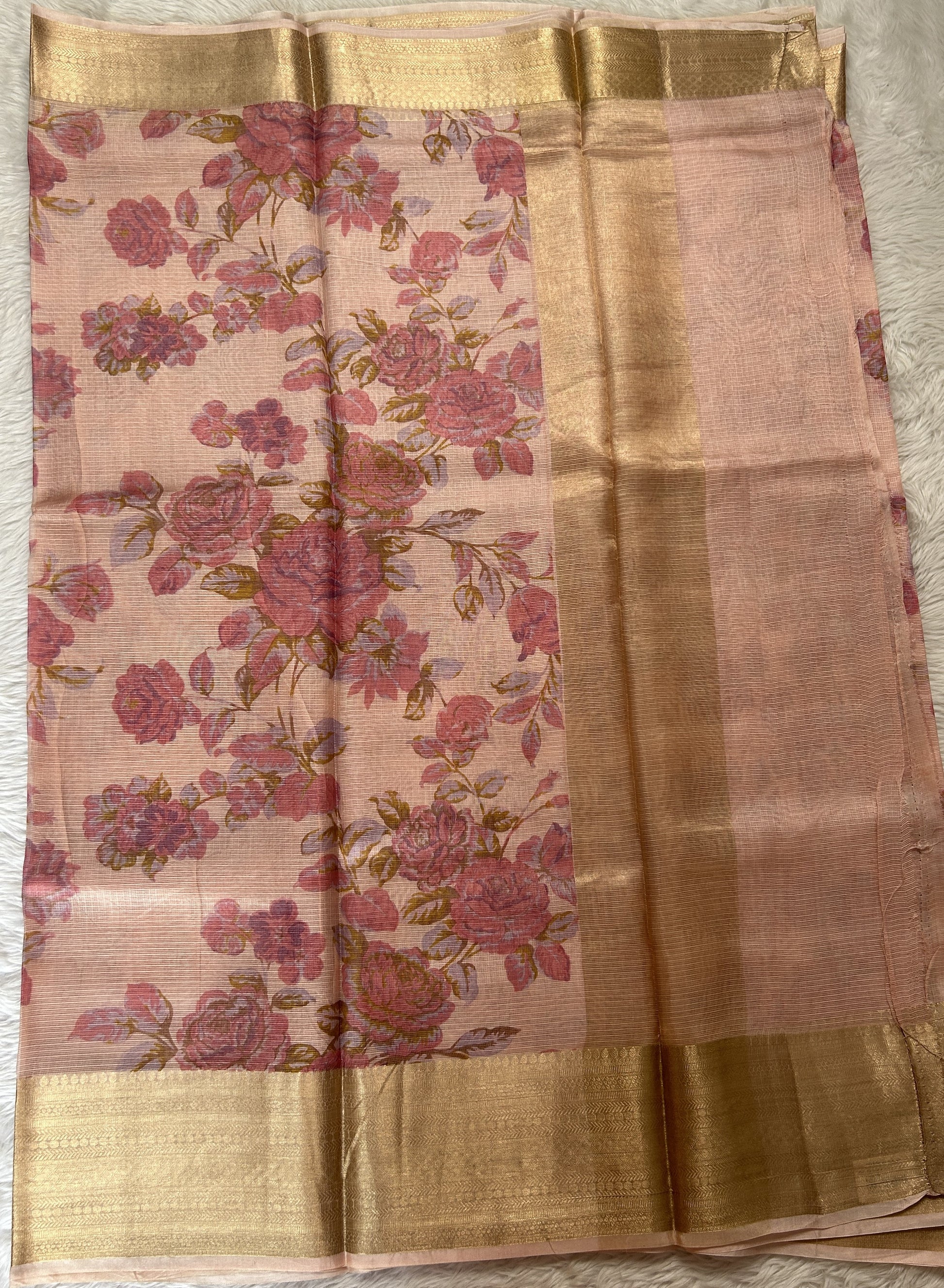 Silk kota Saree Peach color complemented with a Zari Weaving Border. - Sampradaya Designer Studio