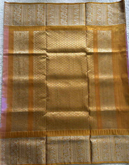 Venkatagiri Pattu Saree Baby Pink Complemented With a Mustard Color Zari Border.