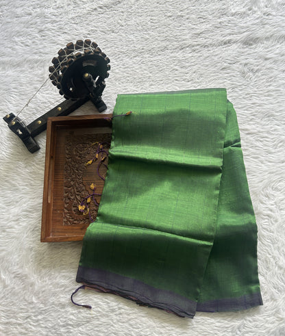 Mangalagiri Plain Pattu Saree Green colored complemented with a No Border.