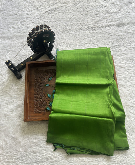 Mangalagiri Plain Pattu Saree Parrot Green colored complemented with a No Border.