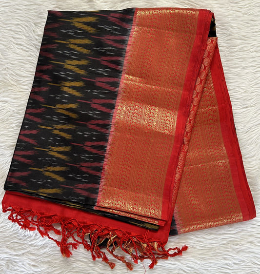 Kanjivaram Festive Soft Silk Saree Black colored Saree complemented with a Red Colored Gold Kanchi border. - Sampradaya Designer Studio