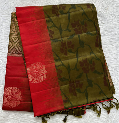 Kanjivaram Festive Silk Saree Red colored Saree complemented with a Olive Green Colored Pochampally border. - Sampradaya Designer Studio