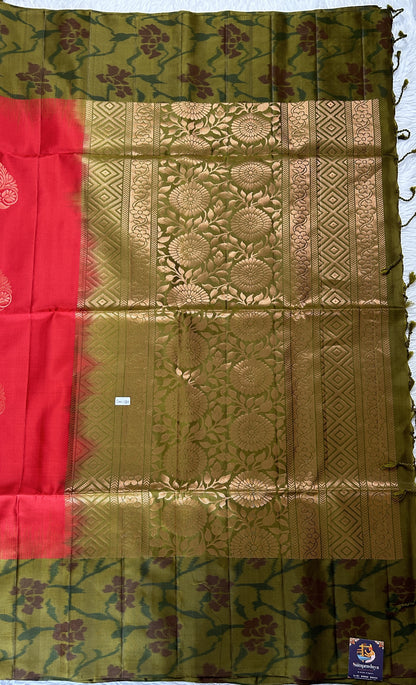 Kanjivaram Festive Silk Saree Red colored Saree complemented with a Olive Green Colored Pochampally border. - Sampradaya Designer Studio