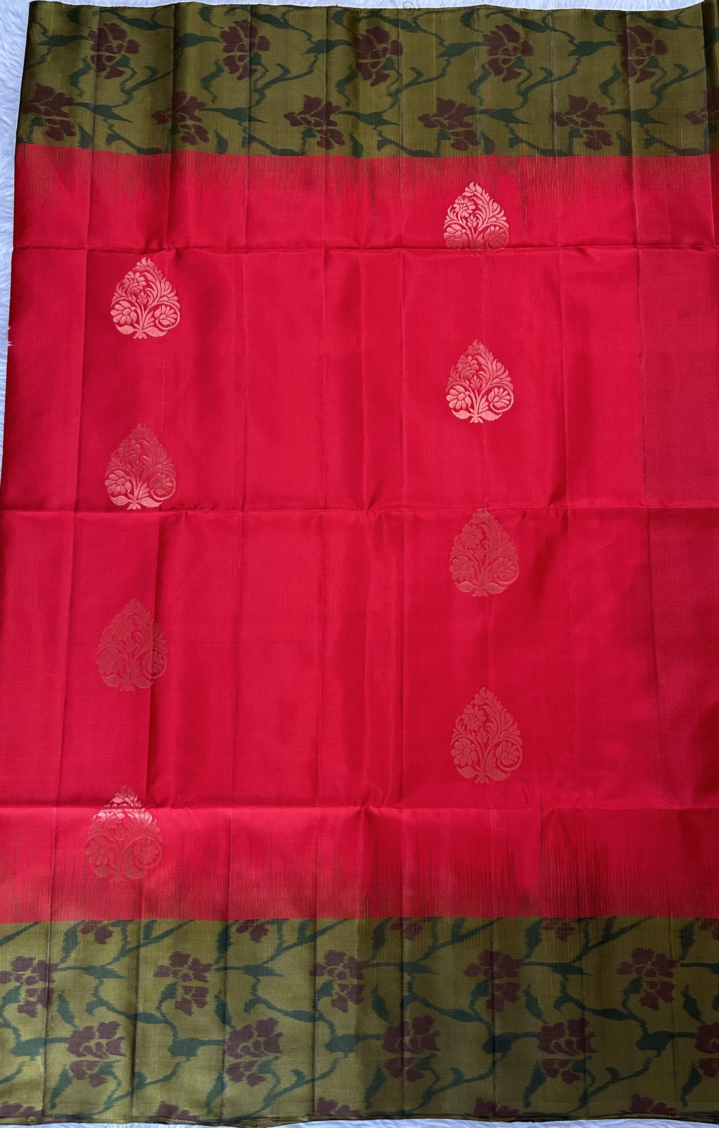 Kanjivaram Festive Silk Saree Red colored Saree complemented with a Olive Green Colored Pochampally border. - Sampradaya Designer Studio