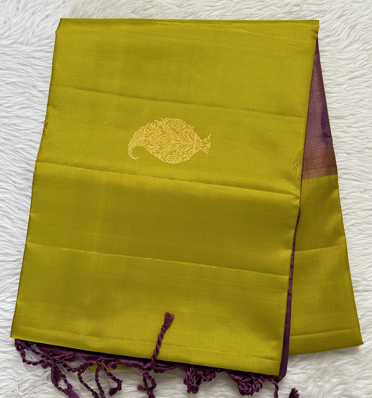 Kanjivaram Festive Soft Silk Saree Mustard Yellow colored Saree complemented with a Purple Colored Pochampally border. - Sampradaya Designer Studio