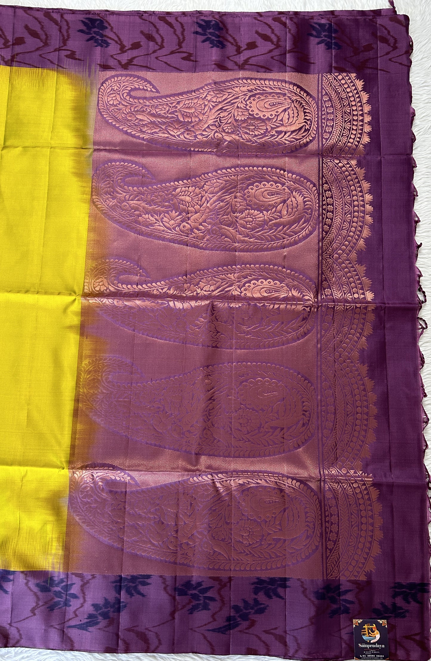 Kanjivaram Festive Soft Silk Saree Mustard Yellow colored Saree complemented with a Purple Colored Pochampally border. - Sampradaya Designer Studio