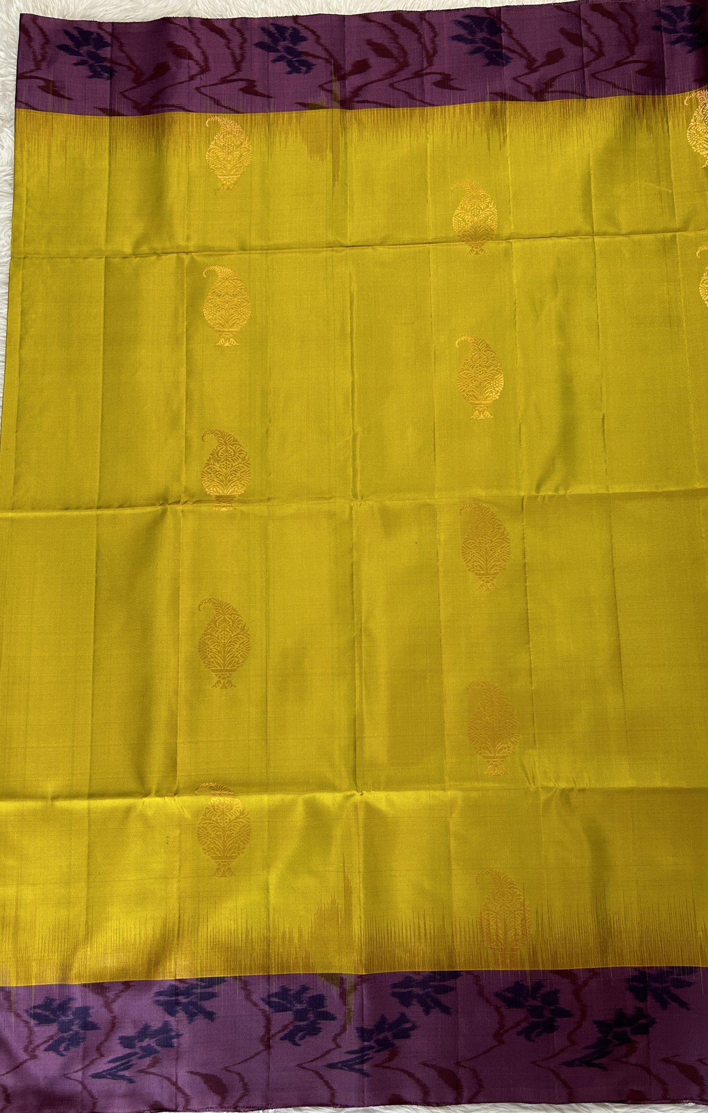 Kanjivaram Festive Soft Silk Saree Mustard Yellow colored Saree complemented with a Purple Colored Pochampally border. - Sampradaya Designer Studio