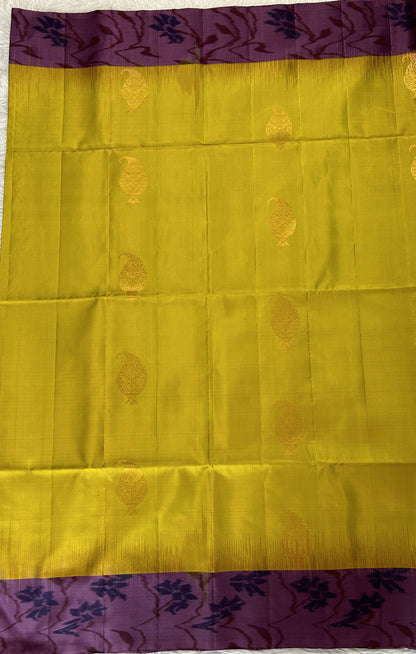 Kanjivaram Festive Soft Silk Saree Mustard Yellow colored Saree complemented with a Purple Colored Pochampally border. - Sampradaya Designer Studio