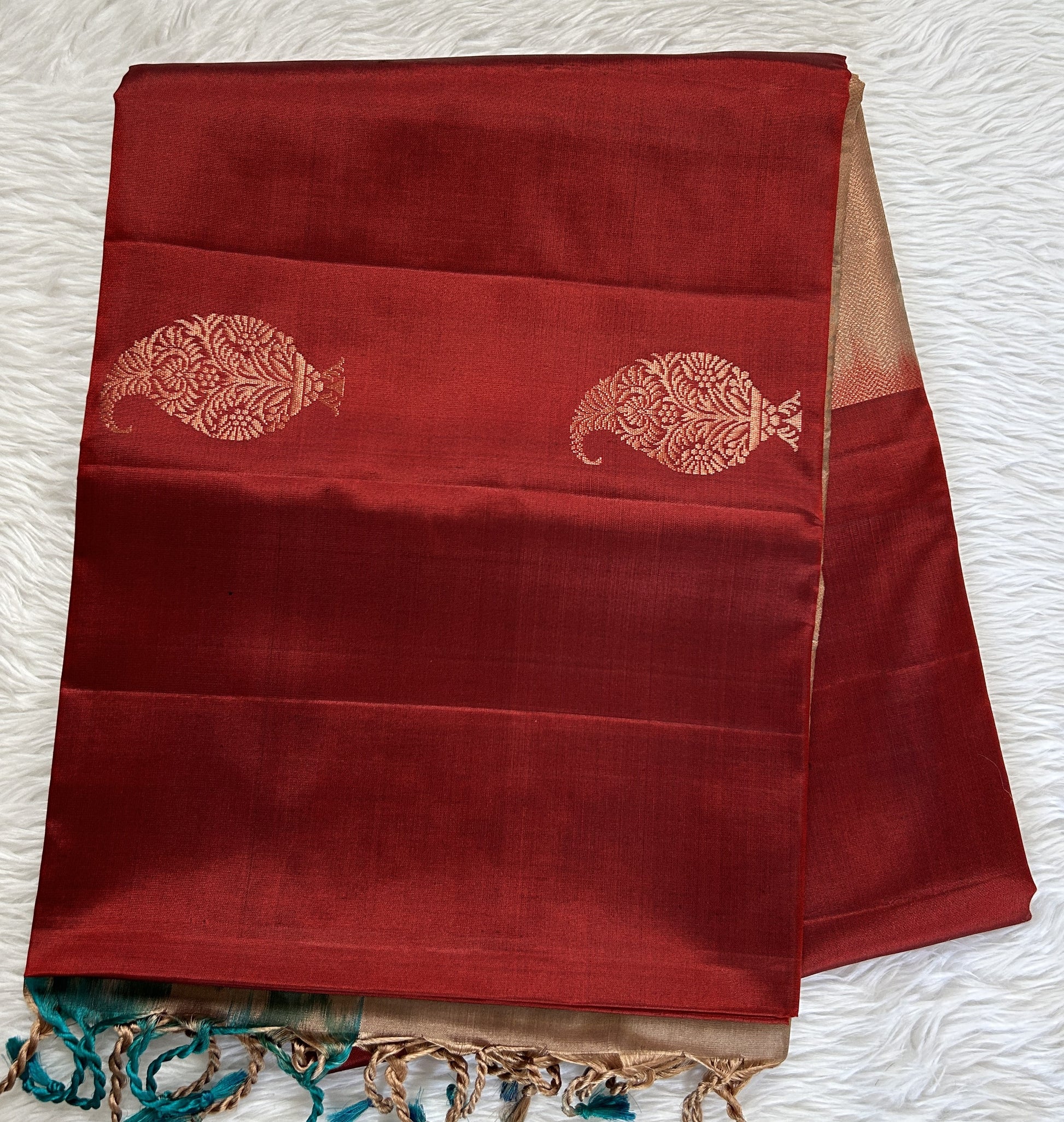 Kanjivaram Festive Soft Silk Saree Maroon colored Saree complemented with a Tortila Colored Pochampally border. - Sampradaya Designer Studio