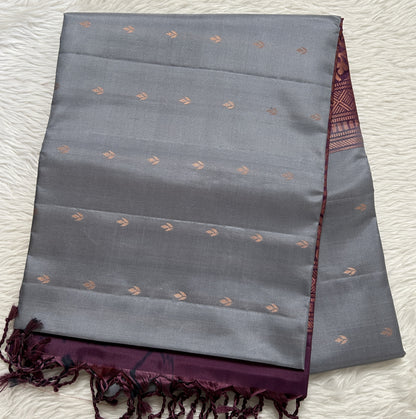 Kanjivaram Festive Soft Silk Saree Gray colored Saree complemented with a Magenta Colored Pochampally border. - Sampradaya Designer Studio