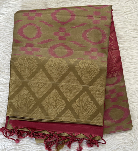 Kanjivaram Festive Soft Silk Saree Olive Green colored Saree complemented with a borderless Saree. - Sampradaya Designer Studio