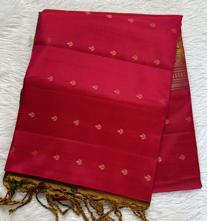 Kanjivaram Festive Soft Silk Saree Deep Pink colored Saree complemented with a Mustard Green Pochampally border. - Sampradaya Designer Studio