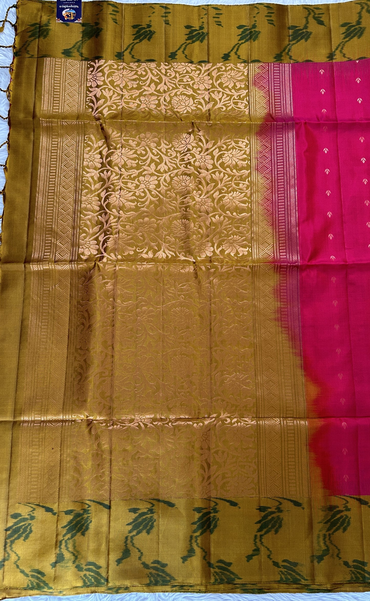 Kanjivaram Festive Soft Silk Saree Deep Pink colored Saree complemented with a Mustard Green Pochampally border. - Sampradaya Designer Studio